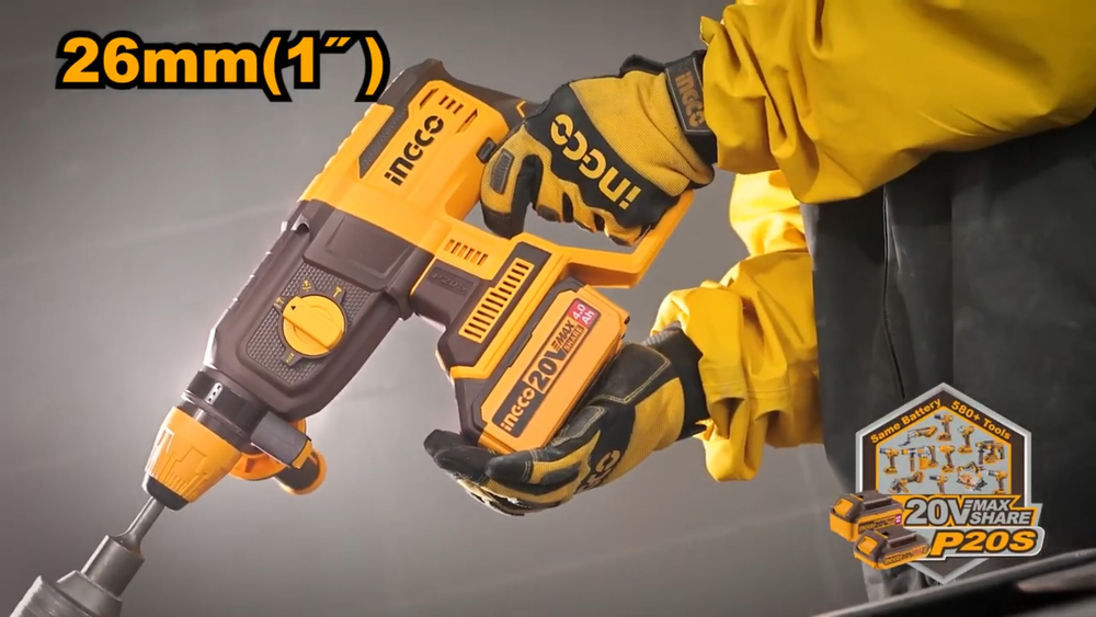 Аккумуляторный бесщеточный перфоратор SDS-Plus INGCO CRHLI202682 INDUSTRIAL 20 В 2.5 Дж 2x4 Ач