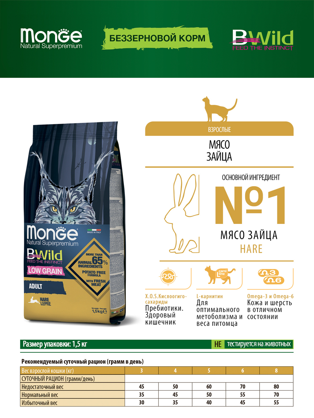 Сухой корм Monge Cat BWild LOW Hare для взрослых кошек, низкозерновой из мяса зайца 1,5 кг