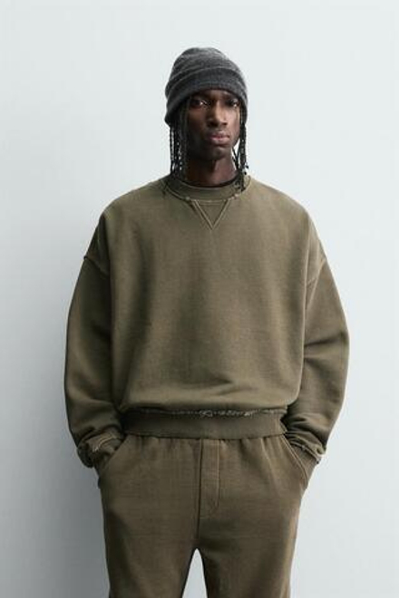 ZARA ТОЛСТОВКА С КРУГЛЫМ ВЫРЕЗОМ И ЭФФЕКТОМ ПОТЕРТОСТИ, ХАКИ