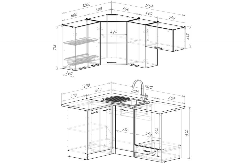 Кухонный гарнитур Жасмин мега прайм 1200х1600 мм (Белый глянец/Белый, Дуб бунратти)