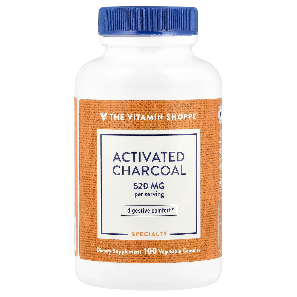 The Vitamin Shoppe, активированный уголь, 100 растительных капсул (260 мг в 1 капсуле)