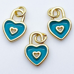 Подвеска Замочек Сердце, цвет золото+бирюзовый, размер 12*9 мм, цена за 1 шт