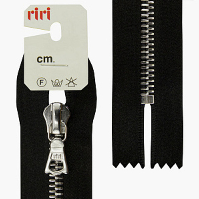Молния металл Riri серебро на атласной тесьме, 6 мм, цвет черный 2110