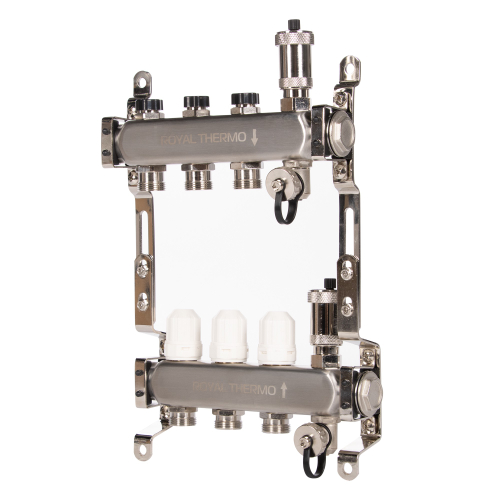 Коллектор Royal Thermo нерж. в сборе универсальный 1" ВР-3/4" НР с автомат. воздухоотвод-ми 3 вых.
