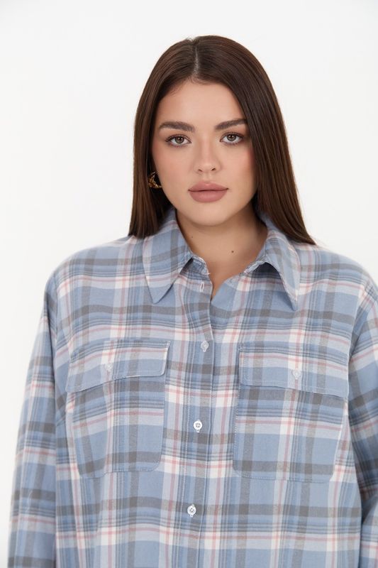 Рубашка с карманами-клапанами в клетку, голубой