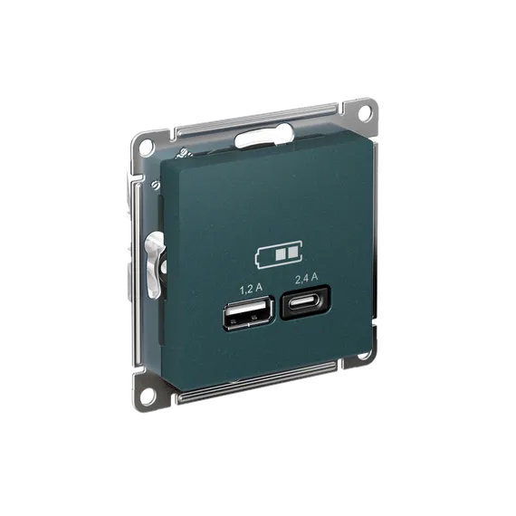 Розетка USB AtlasDesign тип A+C 5В/2.4А 2х5В/1.2А механизм изумруд SE ATN000839