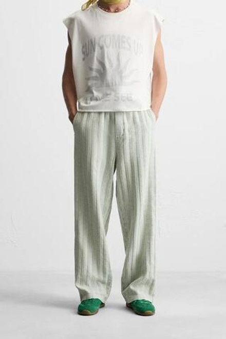 ZARA ЖАККАРДОВЫЕ БРЮКИ RELAXED FIT, СВЕТЛО-ЗЕЛЕНЫЙ