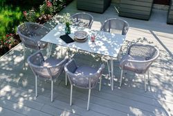 "Марсель" стул плетеный из роупа, каркас алюминий белый шагрень, роуп светло-серый круглый, ткань светло-серая