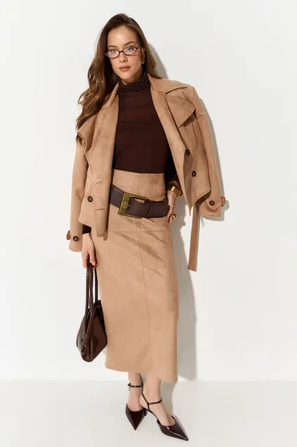 Юбка карандаш из экозамши цвета кэмел