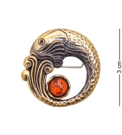 AM-3492 Брошь «Рыбка Волна» (латунь, янтарь)
