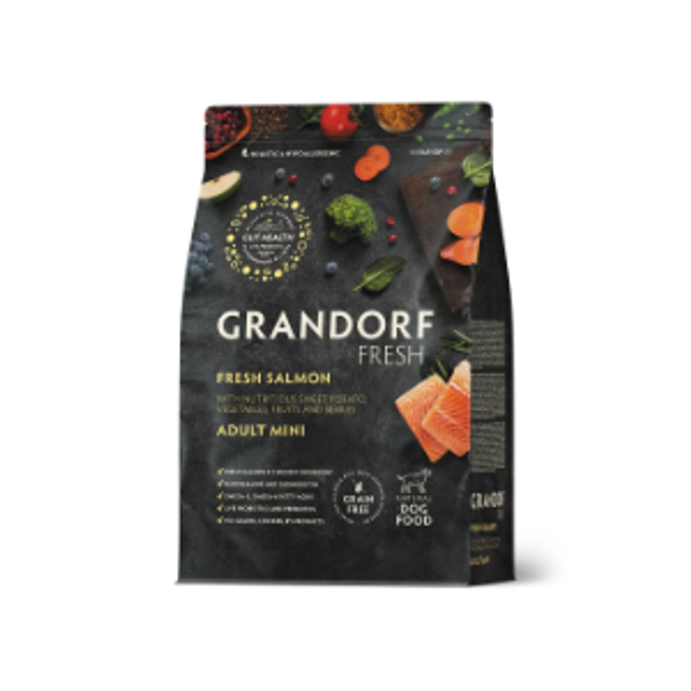 Сухой корм GRANDORF FRESH DOG Salmon MINI лосось с бататом для взрослых собак мелких пород, для здоровья кожи и шерсти или склонных к аллергии 1кг