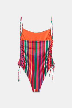 ZARA КУПАЛЬНИК С РЮШАМИ И ПОЛОСАТЫМ ПРИНТОМ, РАЗНОЦВЕТНЫЙ