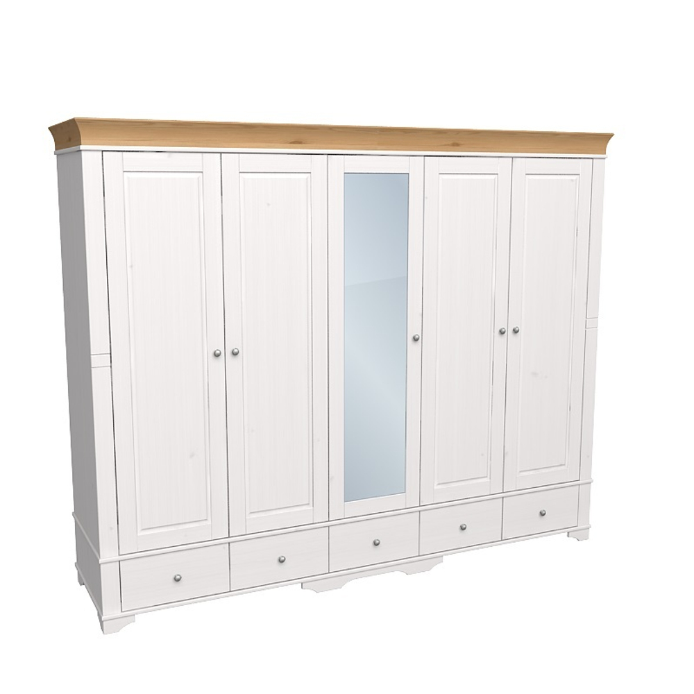 Шкаф 5-ти дверный с 4 глухими дверями 1 зеркальной дверью «Бейли» белый воск/антик