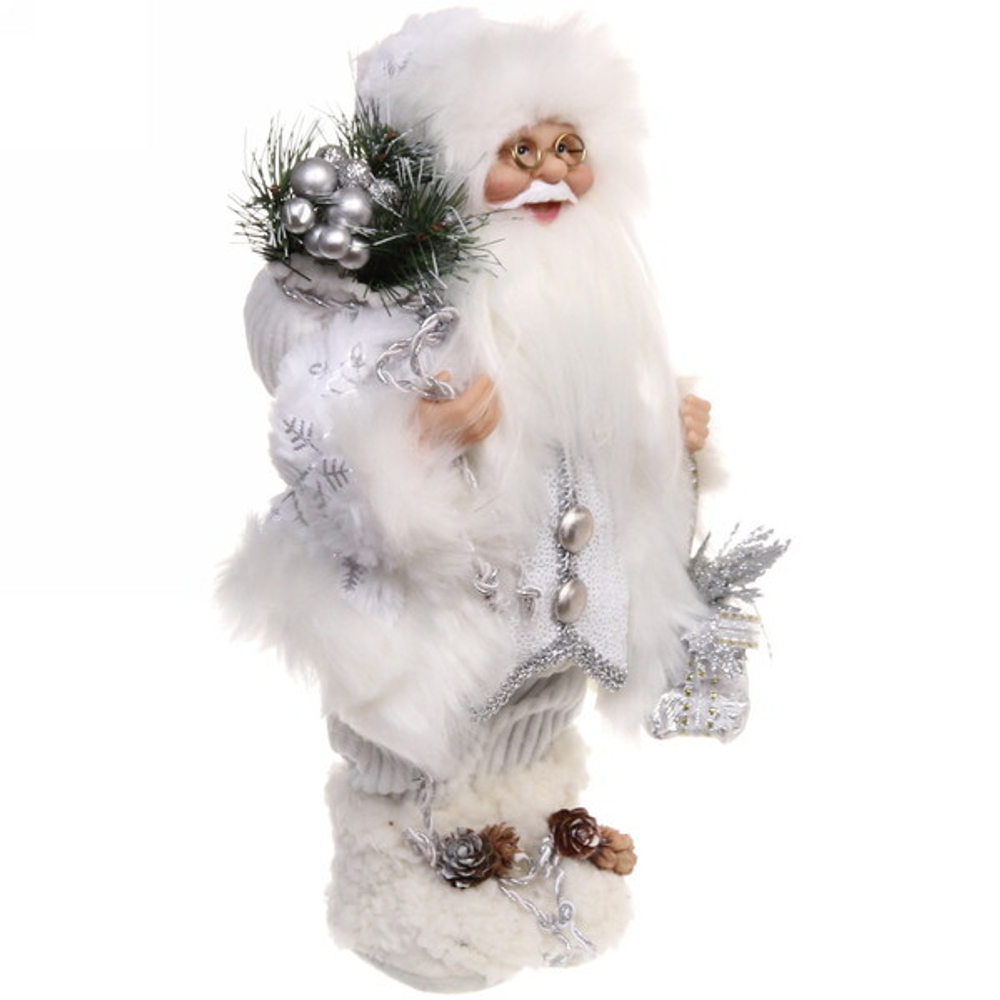 Дед Мороз - Лесовичок с подарком 30 см (без музыки), белый/серебро