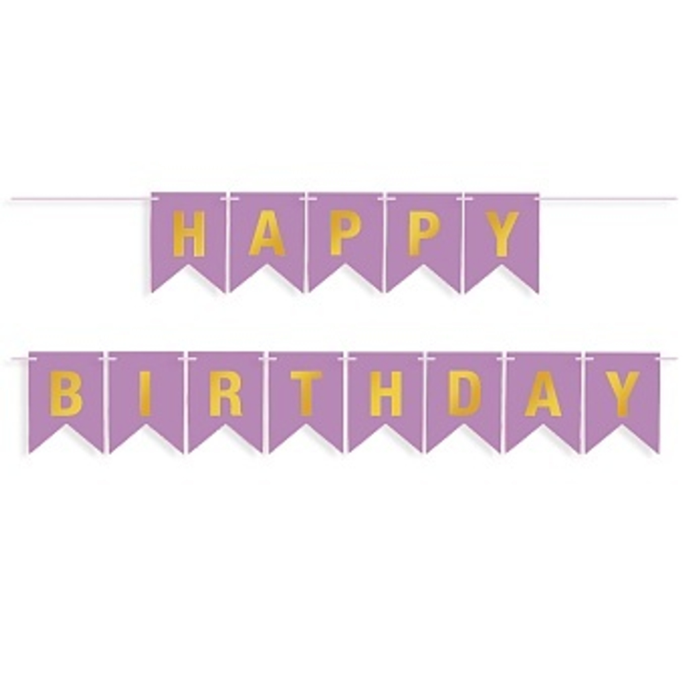 Гирлянда Флажки, Happy Birthday, Светло-сиреневый/Золото, Металлик, 500 см, 16*12 см.