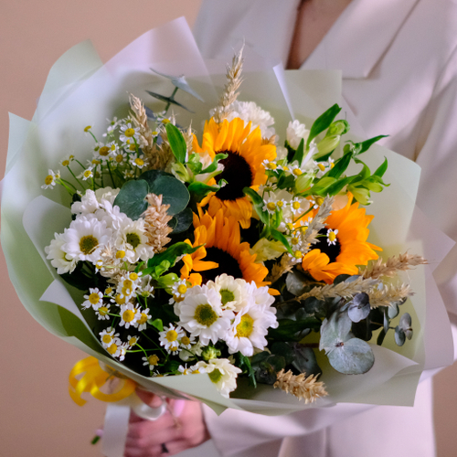 Купить Летний букет с ромашками и подсолнухами #916