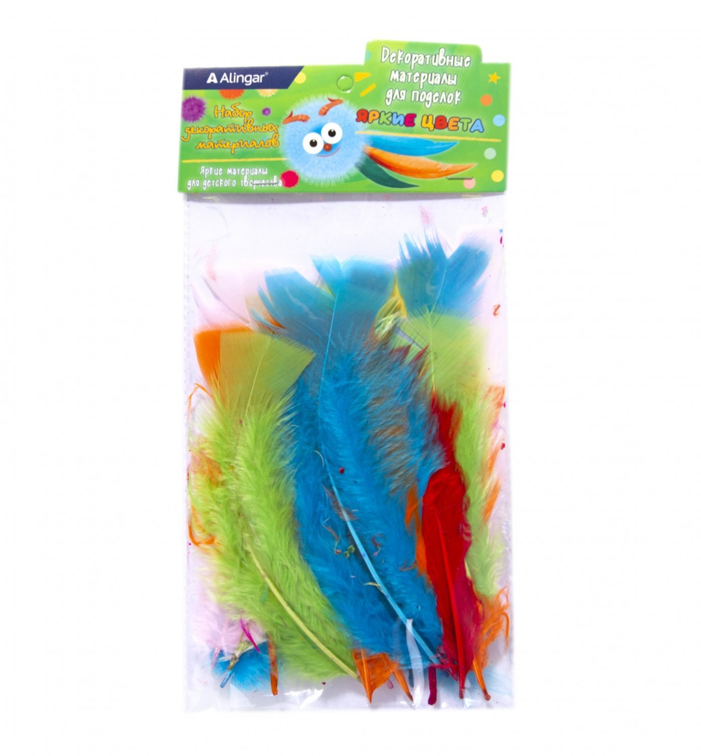 Перья декоративные пушистые Alingar, 20 шт, "Ассорти" (синие. зеленые, красные, оранжевые), пакет с европодвесом