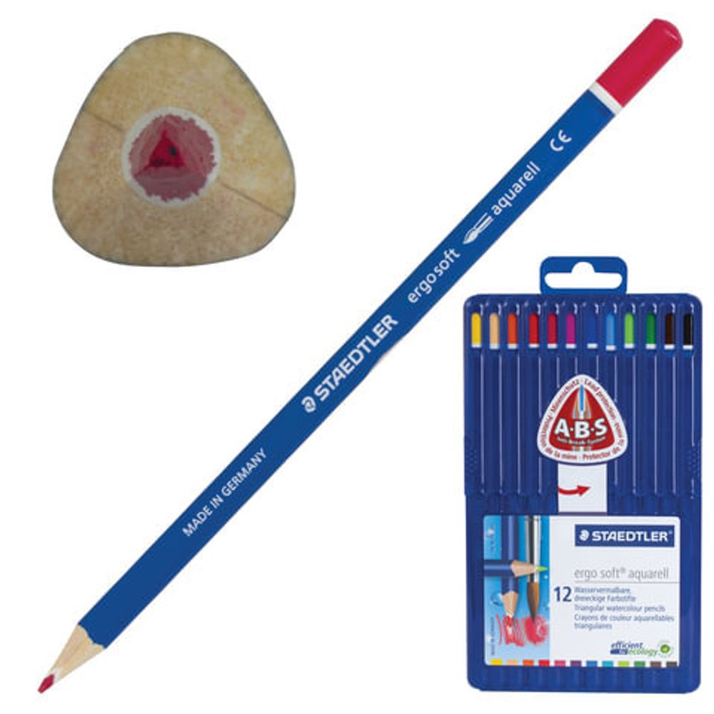Карандаши цветные акварельные STAEDTLER ПРЕМИУМ (Германия) "Ergosoft", 12 цветов, трехгранные, пластиковый футляр, 156 SB12
