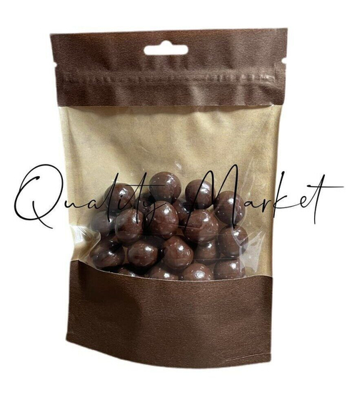 Пакет "Дой-пак" бумажный с ЗИП замком и прозрачным окошком 135х200+(35+35) мм (коричневые) с европодвесом