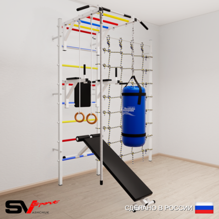 Шведская стенка Sv Sport усиленная 65430 (Турник рукоход/Брусья/Скамья/Канат/Кольца/Цепь/Мешок 30кг/Канатный лаз)