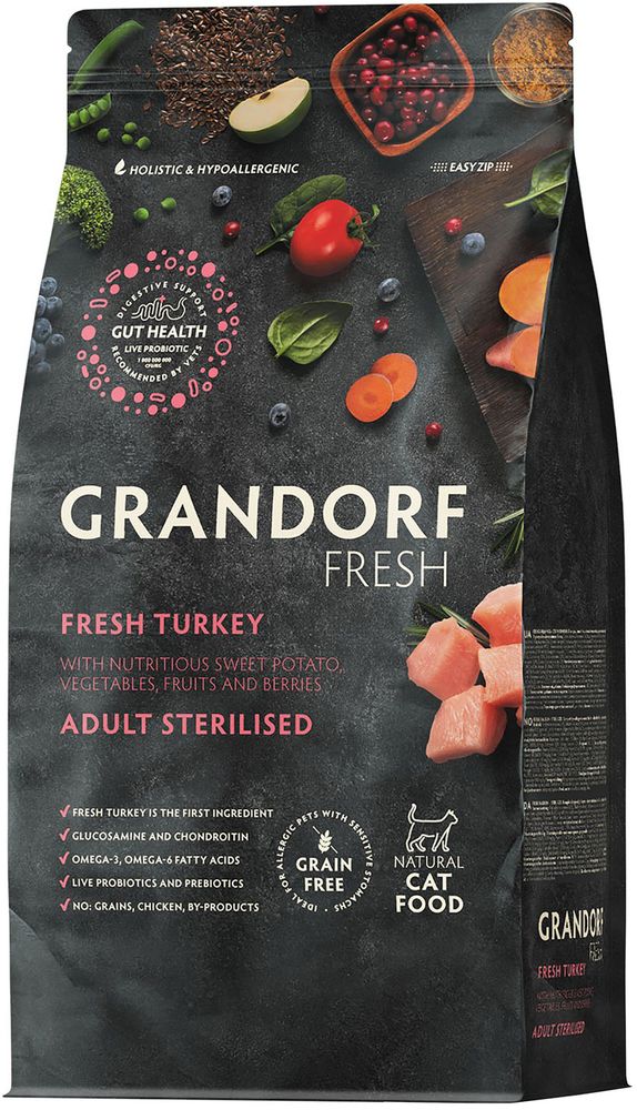 Grandorf Fresh 400гр Holistic Sretilised Turkey&amp;Sweet Potato Сухой корм для стерилизованных кошек, свежее мясо индейки с бататом