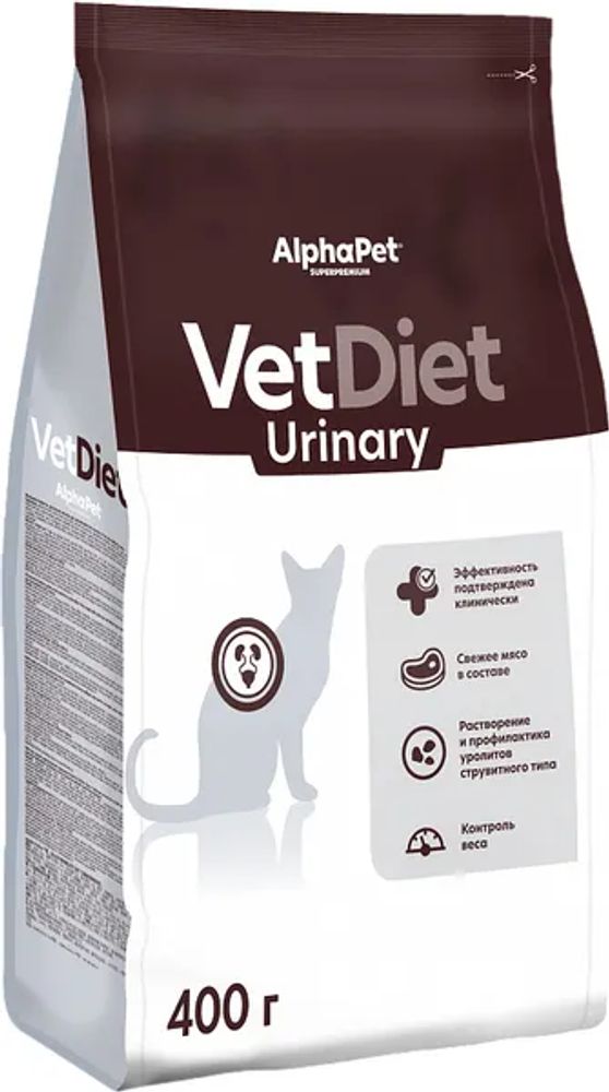 Сухой корм AlphaPet VET DIET для взрослых кошек URINARY при заболеваниях нижних отделов мочевыводящих путей - 0,4 кг