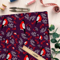 Ткань габардин снегири с ветками рябины