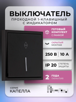 Выключатель проходной 1-клавишный с индикатором, 10А черный "Капелла" (SBE-09b-10-SW12-1)