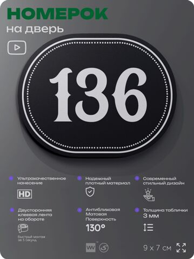 Номерок на дверь квартиры 136, для кабинета, офиса, шильдик 9 х 7 см, черный, Айдентика Технолоджи