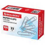 Скрепки BRAUBERG, 33 мм, никелированные, 100 шт., в картонной коробке, 270443