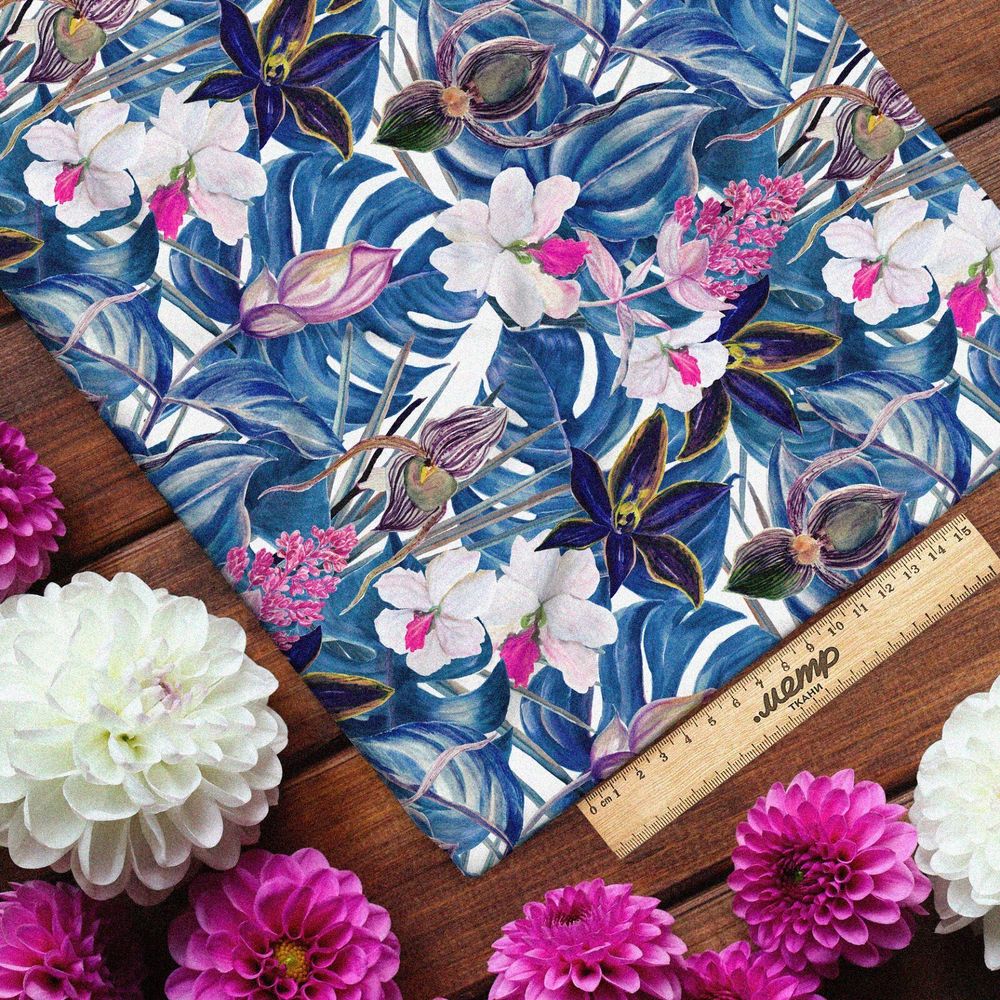 Ткань барби синие листья белый цветок