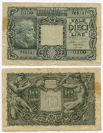 Банкнота Италия 10 лир 1944 год 0100 766141. F-VF