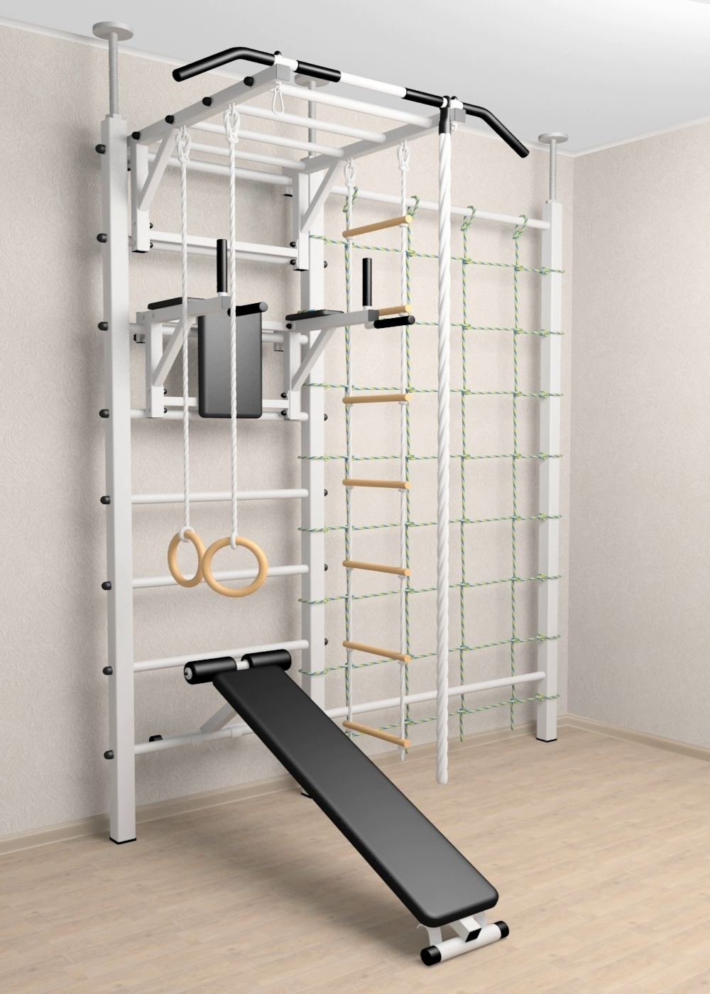 Шведская стенка Sv Sport враспор (Турник рукоход/Брусья/Скамья/Канат/Kольца/Лестница/Канатный лаз/Сетка)