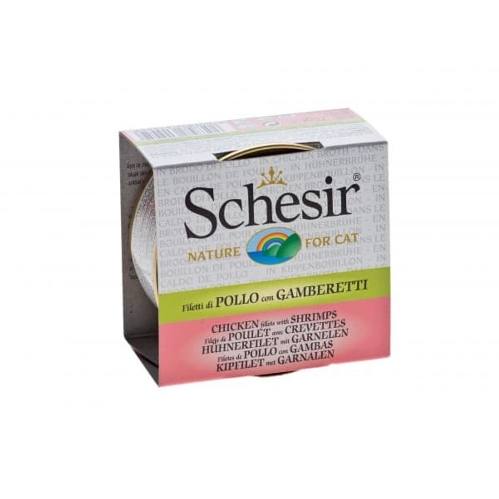 Schesir консервы для кошек 70г, Куриное филе с Креветками в БУЛЬОНЕ