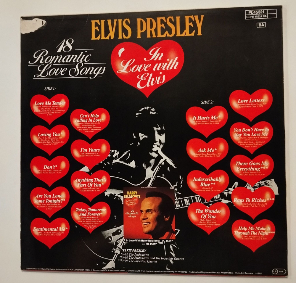 Винтажная виниловая пластинка LP Elvis Presley In Love With Elvis. 18 Romantic Love Songs (Germany 1982)