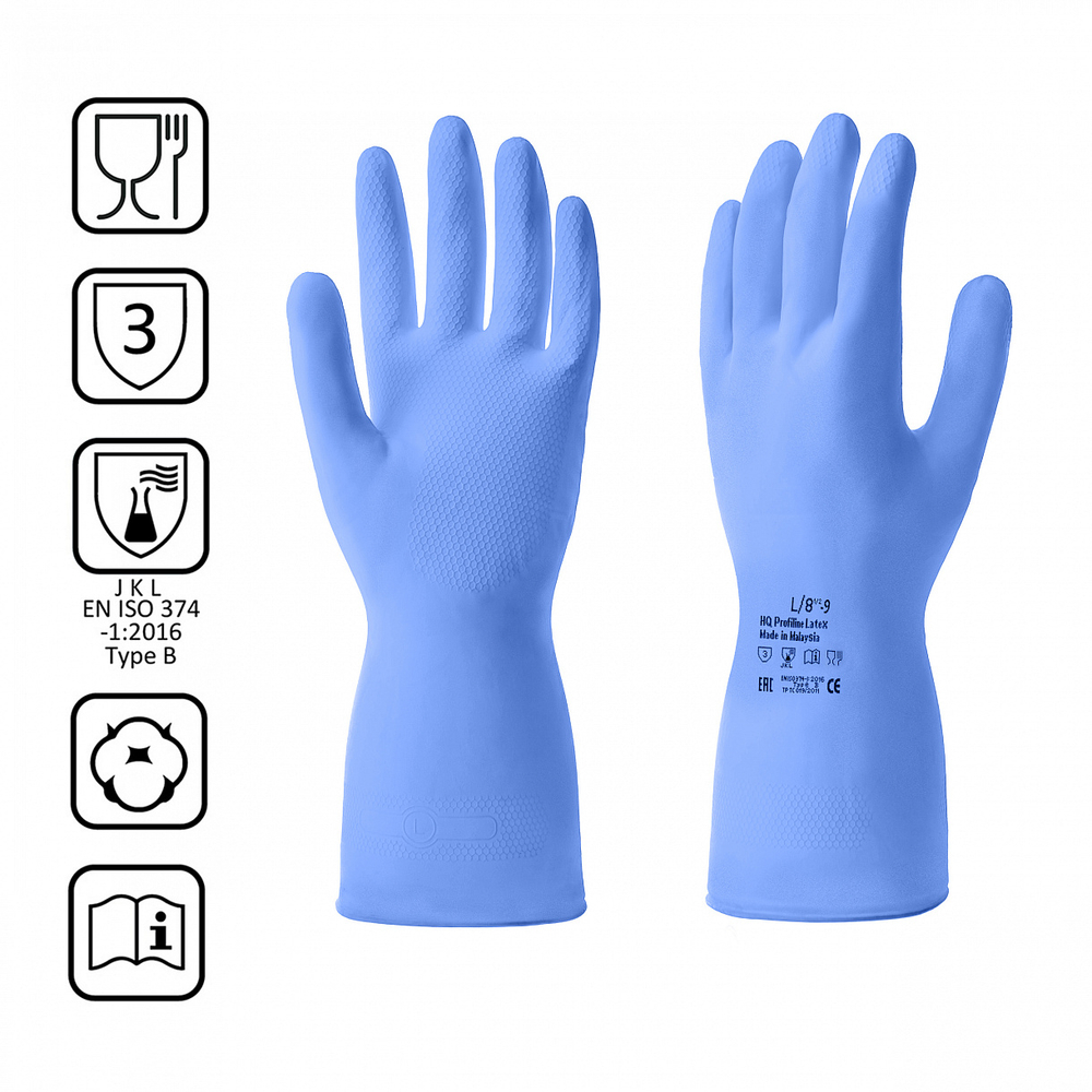 Перчатки КЩС латексные многоразовые синие, 1 пара, р-р L HQ Profiline