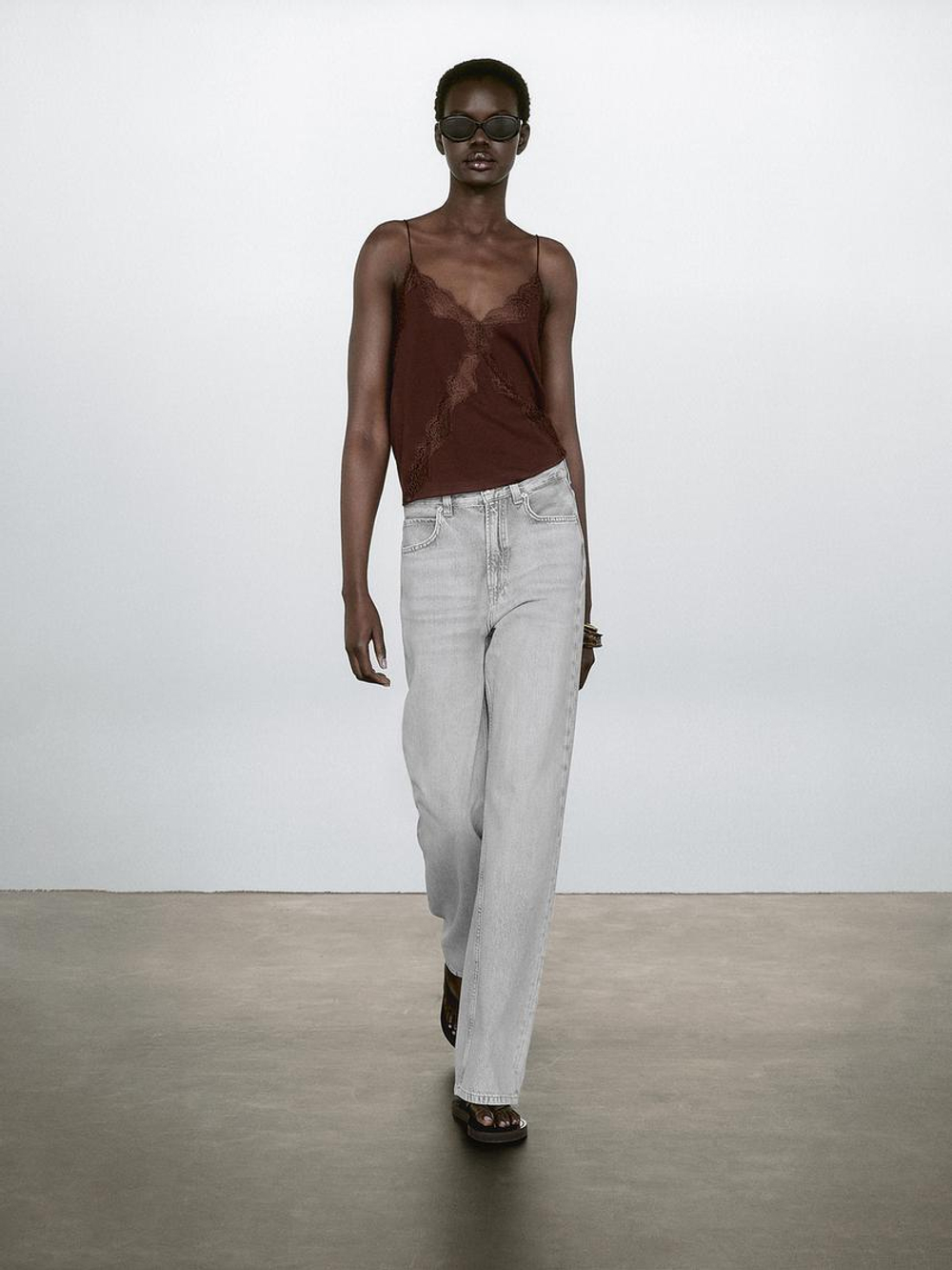 Massimo Dutti Топ в бельевом стиле с отделкой кружевом, винно-красный