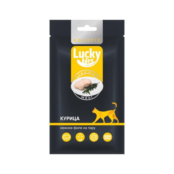 Лакомство для кошек Lucky bits нежное филе курицы, приготовленное на пару, 25 г