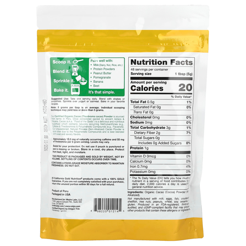 California Gold Nutrition, Superfoods, органический какао-порошок, 240 г (8,5 унции)