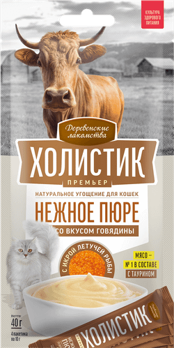 Деревенские Лакомства д/кошек "Нежное пюре из Говядины с Икрой летучей рыбы", 4шт