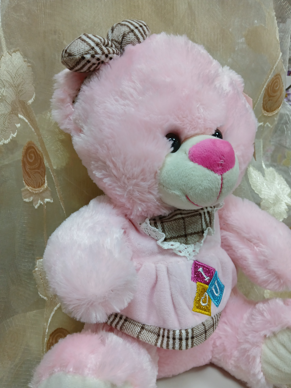 Медведь розовый в платье с бантом, 34 см