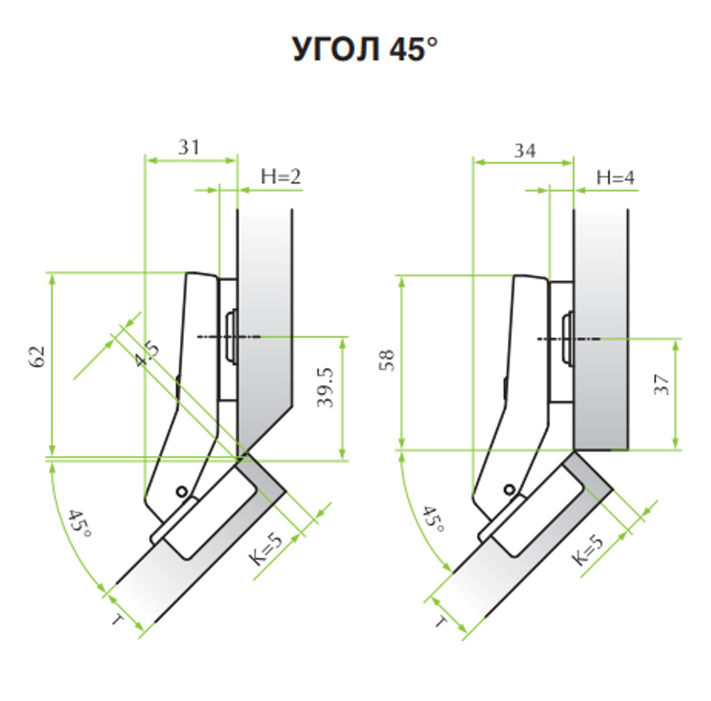 Петля угловая 45гр. открыв. 110гр slide-on FGV  с  планкой