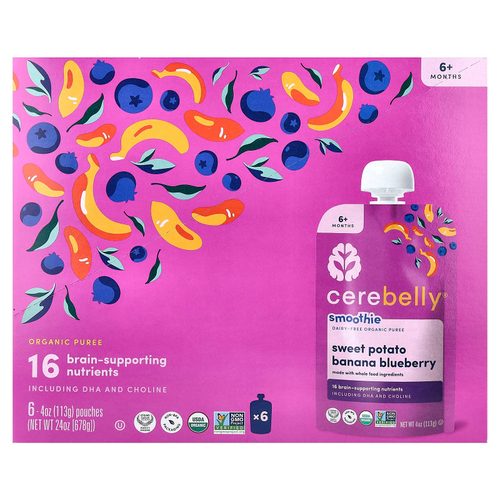 Cerebelly, смузи, органическое пюре без молочных продуктов, для детей от 6 месяцев, батат, банан и голубика, 6 паучей по 113 г (4 унции)