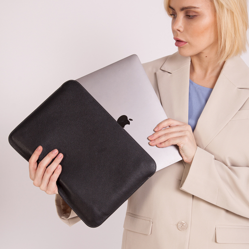 Чехол для MacBook 13-14-15' и документов из кожи теленка, черный с зеленым подкладом