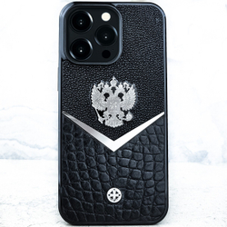 Эксклюзивный чехол iphone с гербом России купить - Euphoria HM Premium - натуральная кожа miniCROC, ювелирный сплав