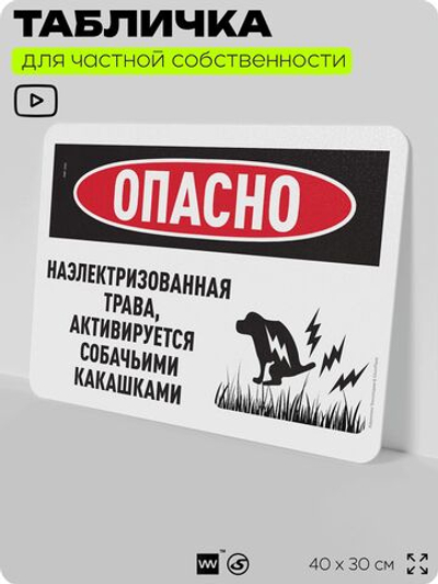 Табличка прикольная для частной территории "Опасно, наэлектризованная трава активируется собачьими какашками", на дом, 40х30 см, Silver Plane x Айдентика Технолоджи