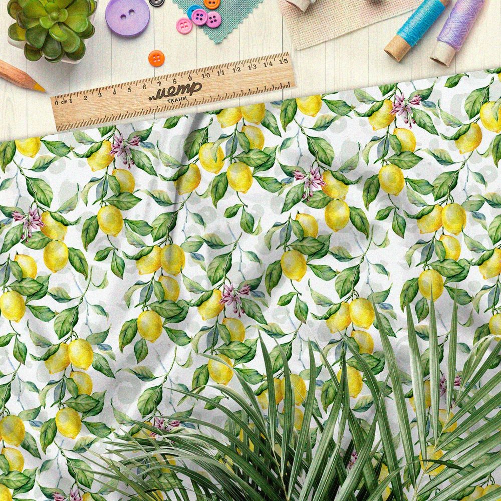 Ткань атлас яркие лимонные ветки на белом фоне