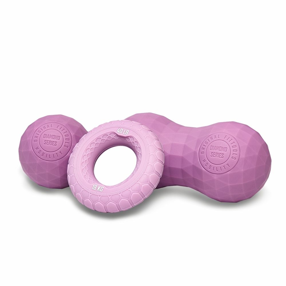 Набор из двух массажных мячей с кистевым эспандером пурпурный