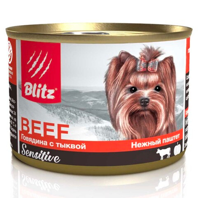 Blitz Sensitive консервы для собак мелких пород с говядиной и тыквой в паштете 200 г (банка) (Beef)