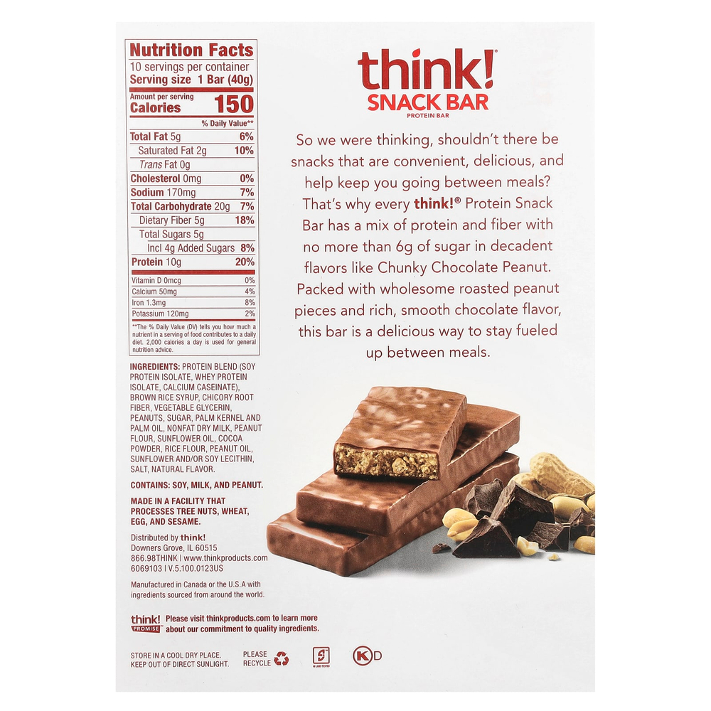 Think !, Батончик с протеином и клетчаткой, шоколад и арахис, 10 батончиков, 1,41 унц. (40 г) каждый